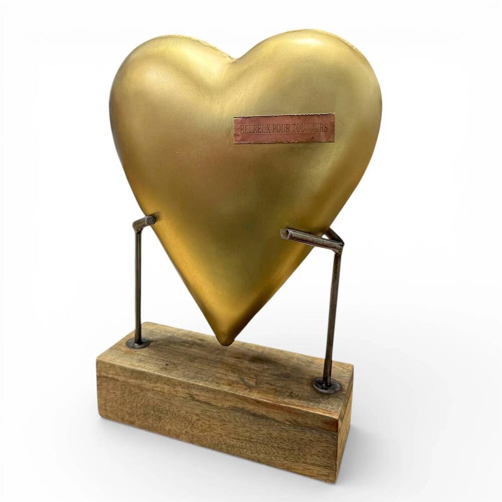 NEW SUGARBOO & CO. metal heart sculpture with reclaimed wood base in gold
